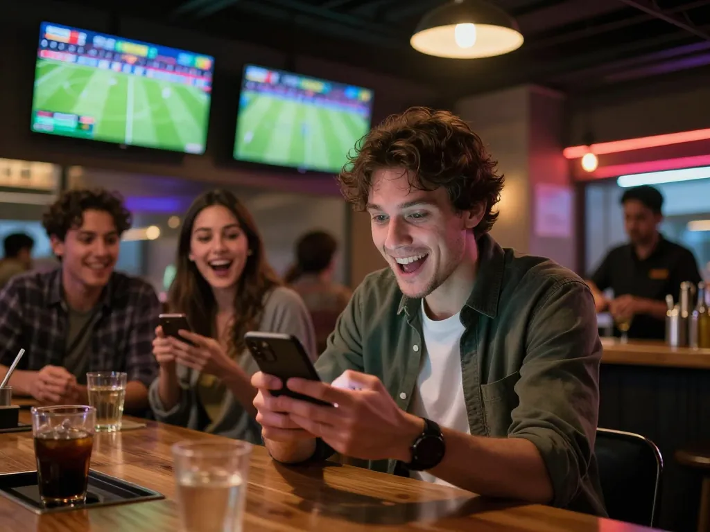 F8BET user engaging in live sports betting at a vibrant bar during a game.