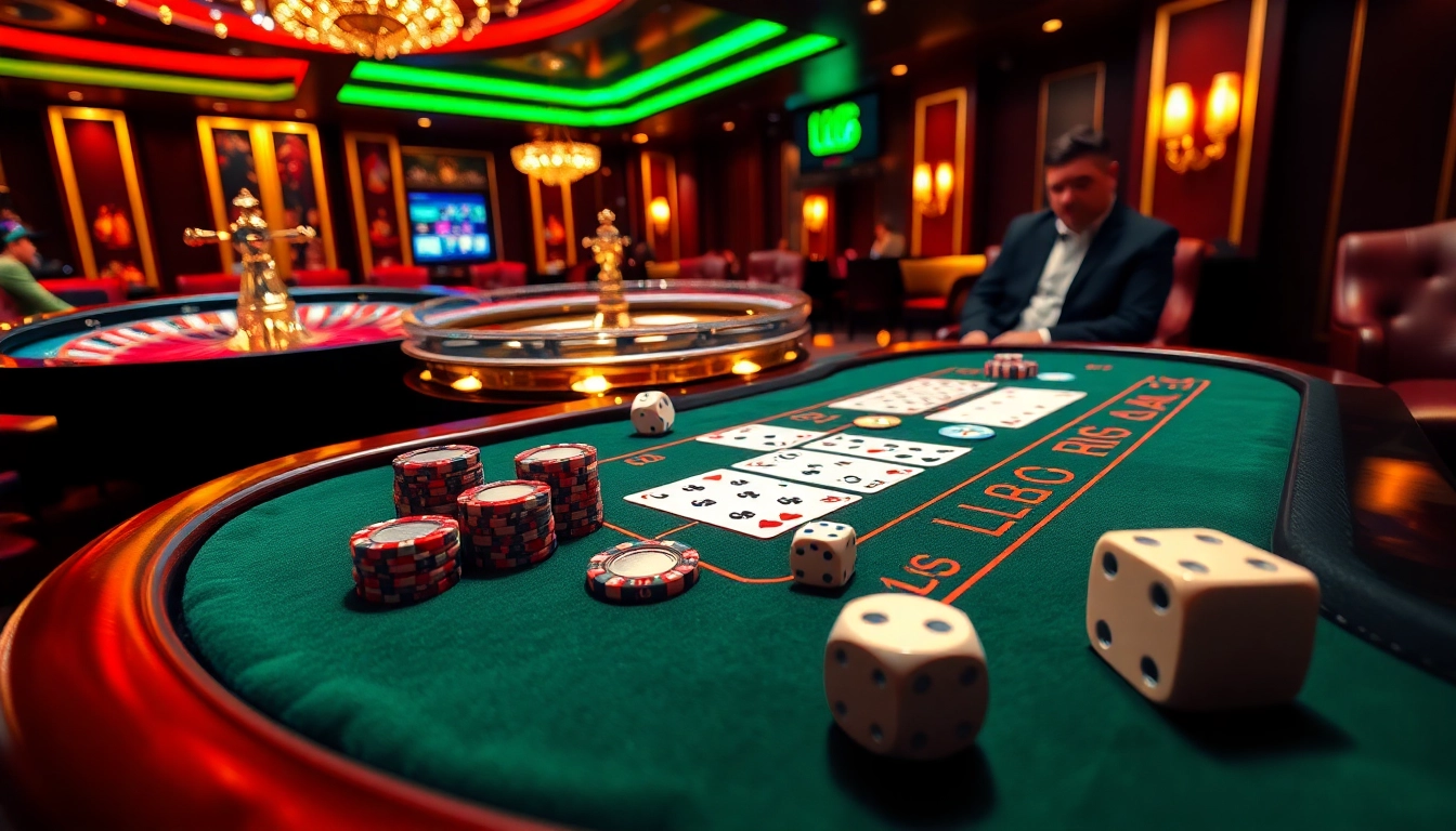 Players enjoying a vibrant casino experience at LC88 with poker tables and roulette wheels.
