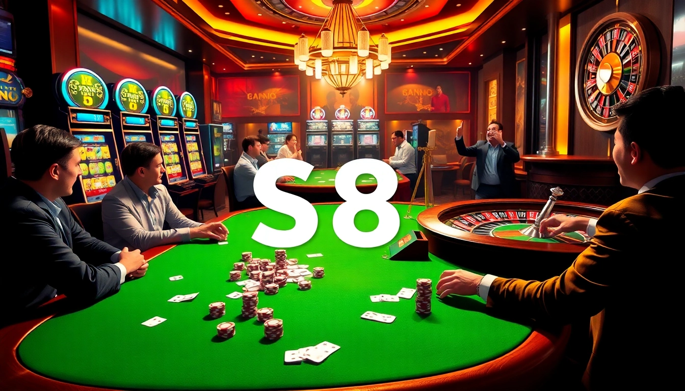 S8 casino scene featuring players engaged in thrilling poker game amidst vibrant slot machines.