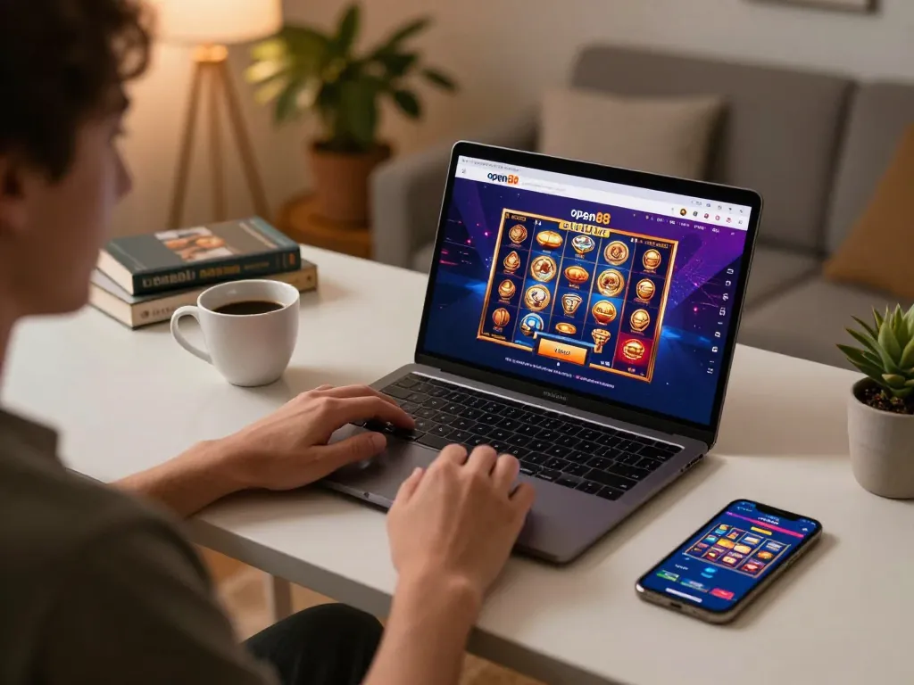 Engaging gameplay experience at open88 casino with vibrant slot graphics on laptop