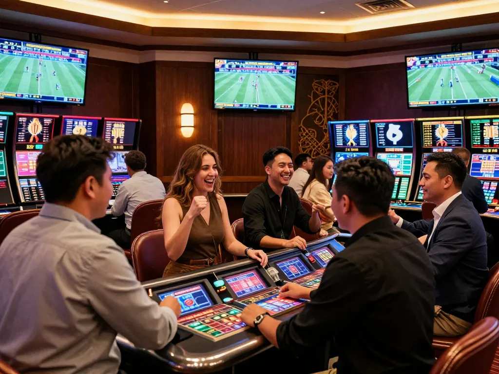 W69 sports betting scene with diverse friends celebrating a winning bet at a bustling casino