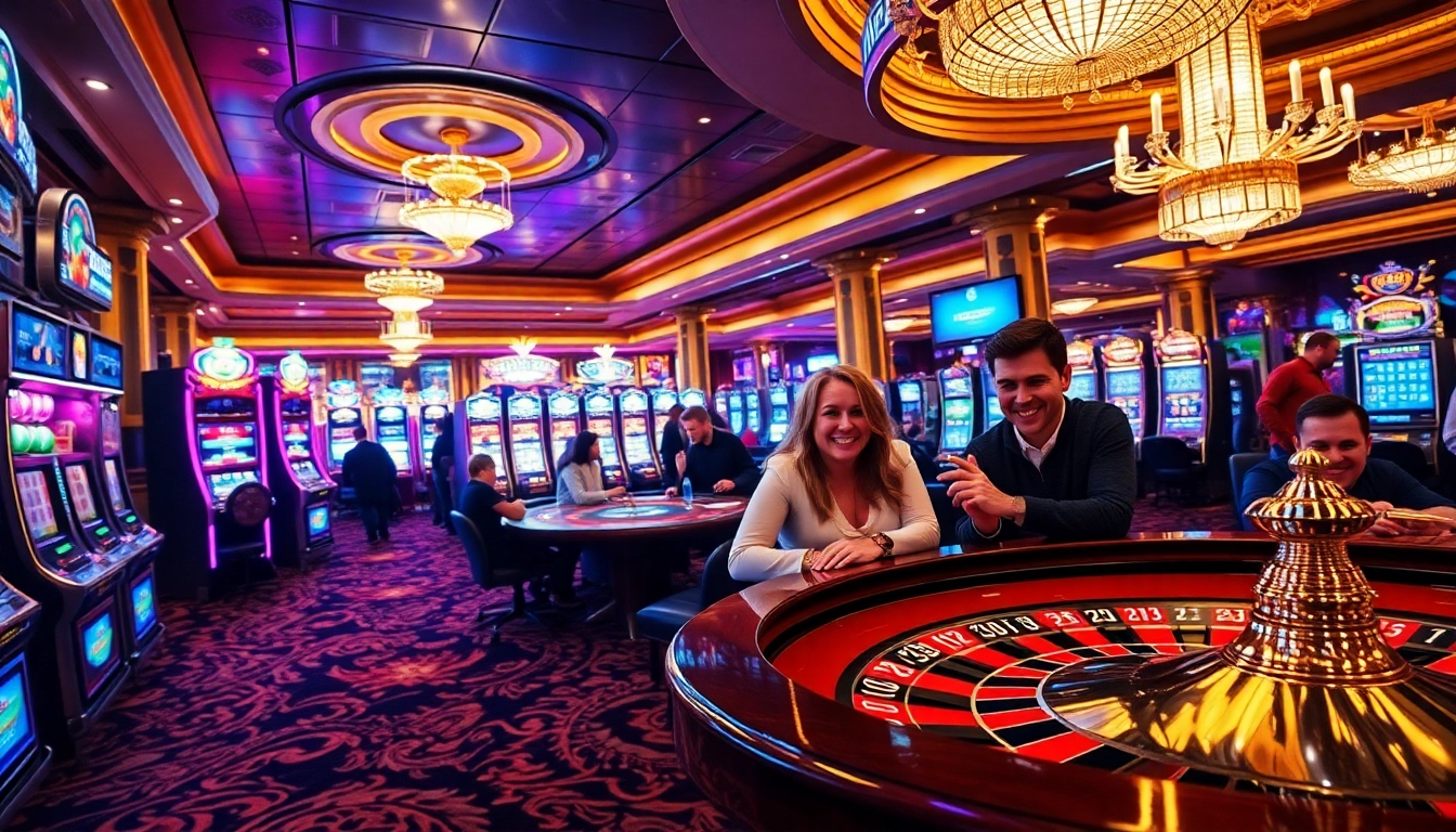 Players celebrating big wins at 13win casino surrounded by vibrant slot machines.