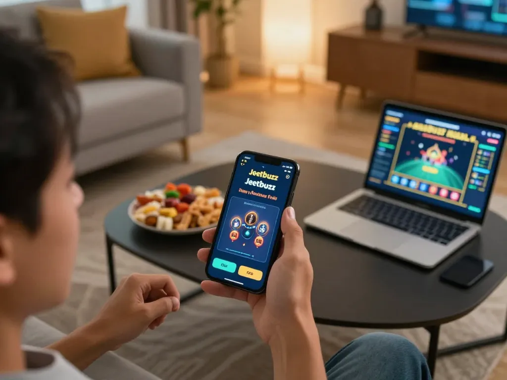 Enjoying gameplay on the Jeetbuzz App in a cozy home with snacks and a laptop