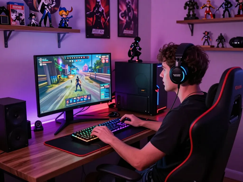 Player immersed in an engaging sex game on a high-resolution display with colorful gaming setup.