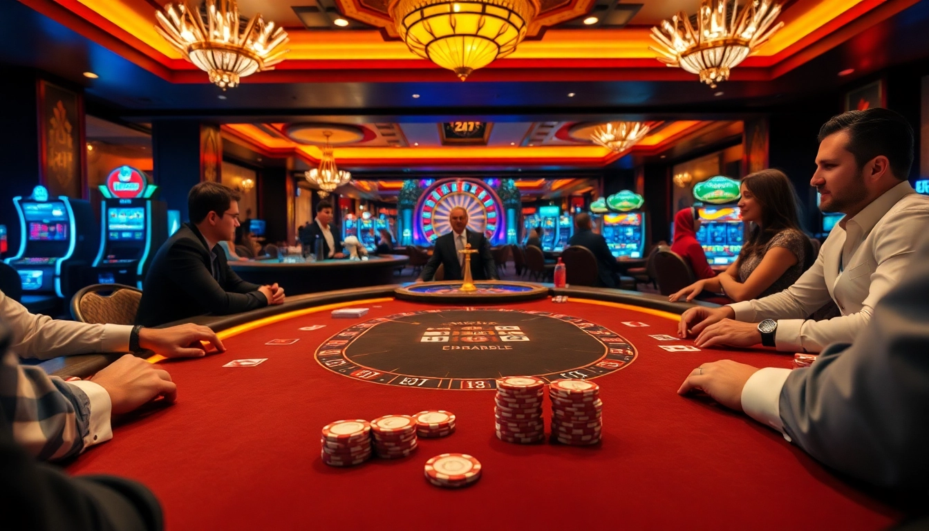 Experience thrilling poker action at Thabet casino, featuring elegant tables and vibrant slot machines.