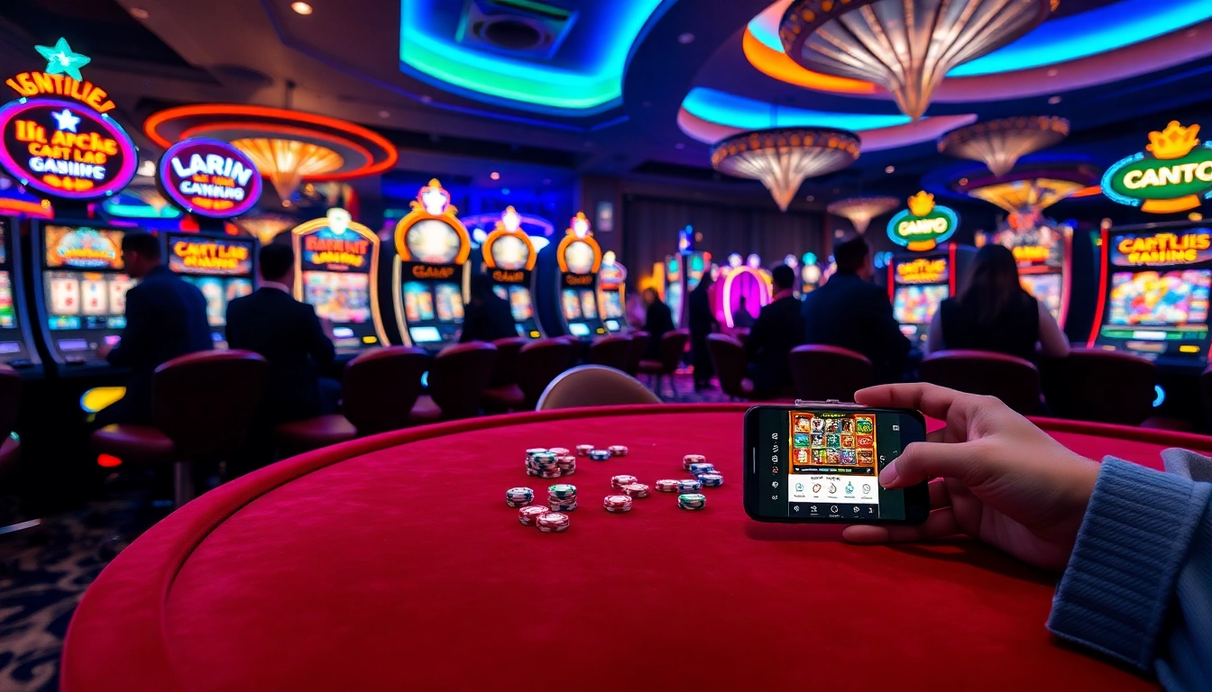 Engaging scene showing players using idnslot app on smartphone at a luxurious casino table.