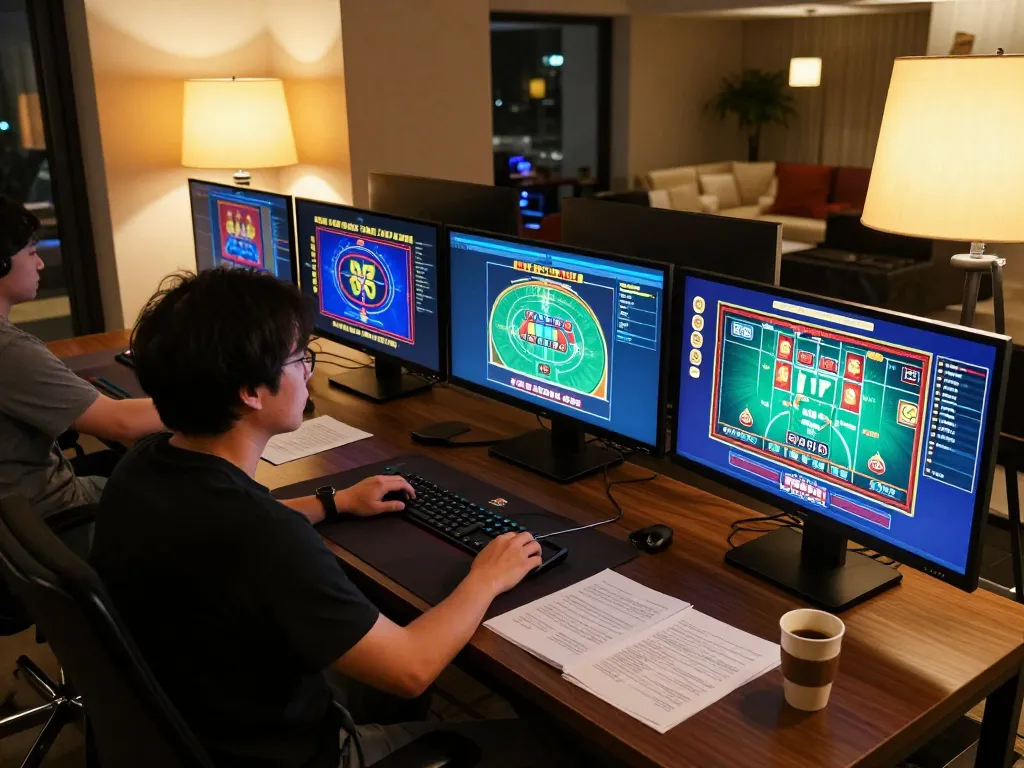 ATQ player engaged in online gaming, showcasing vibrant casino games on multiple screens