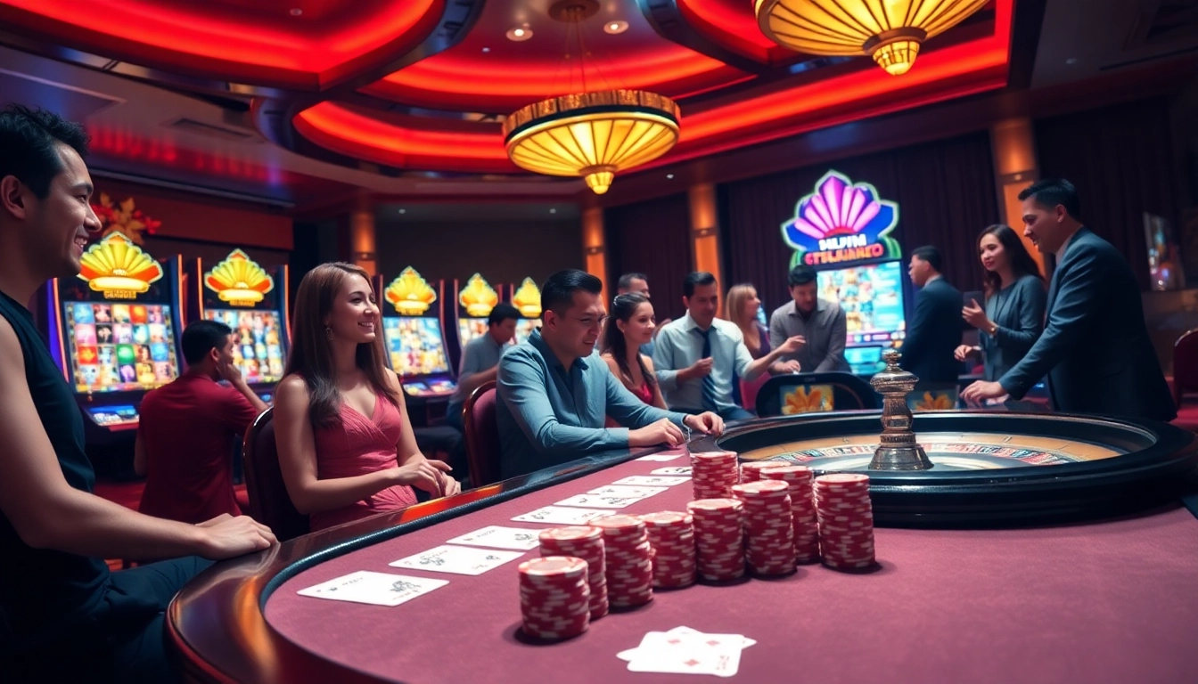 Players experiencing the excitement of gaming at 23win casino with poker chips and slot machines.