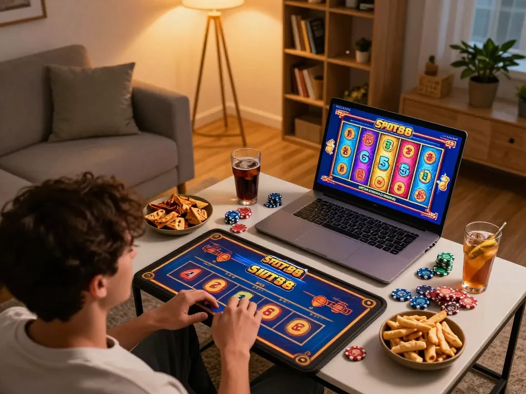 Player enjoying Slot88 game on laptop, cozy home setup with snacks and warm lighting