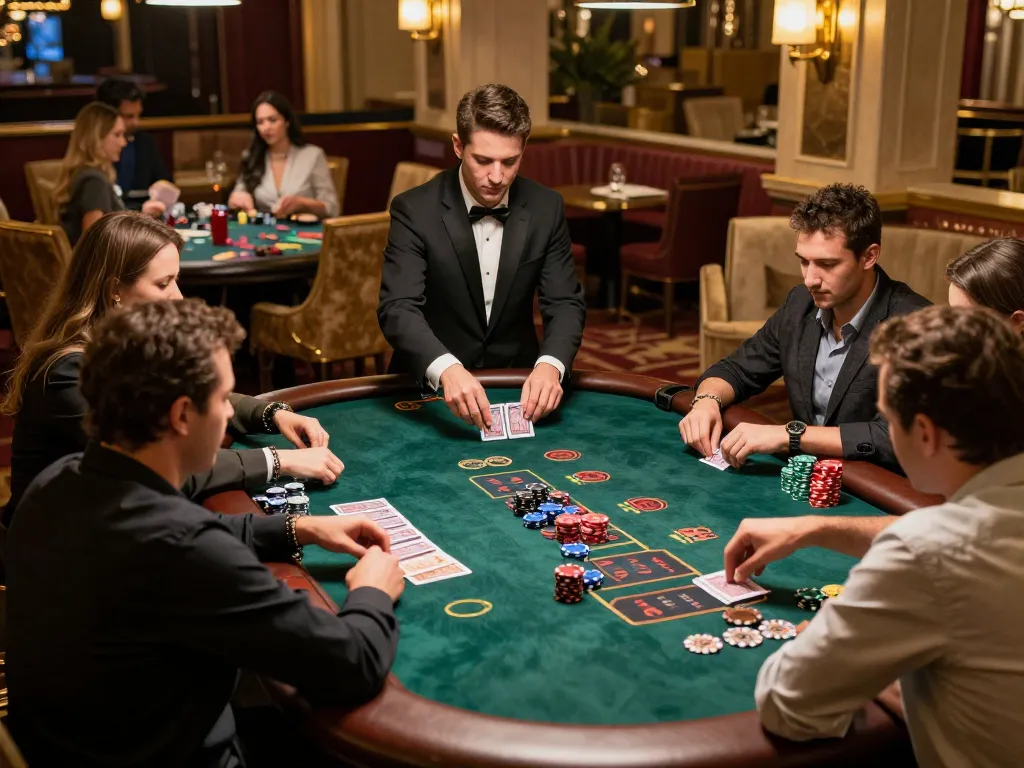 cm88 players strategizing at a lively blackjack table in an upscale casino