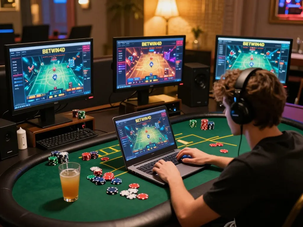 Player engaging with BETWIN4D online gaming on a laptop, vibrant casino atmosphere.