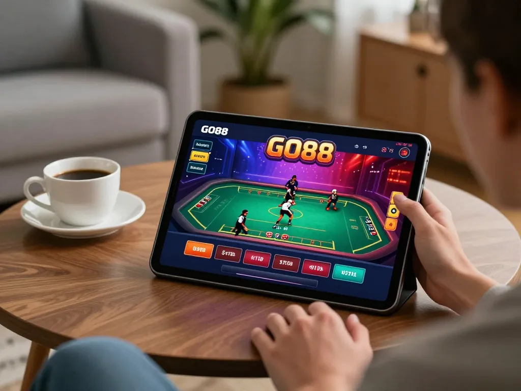 Enjoying the GO88 app in a relaxing home environment, highlighting responsible gaming.