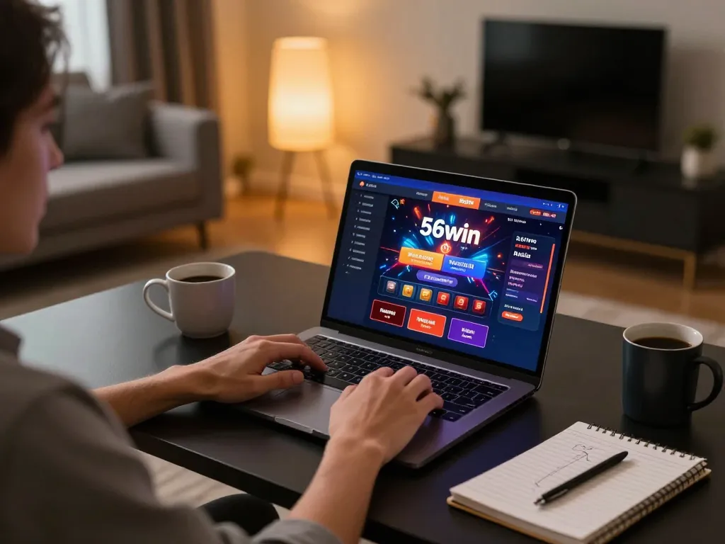Engaged player exploring 56win online casino on laptop, showcasing immersive gaming experience