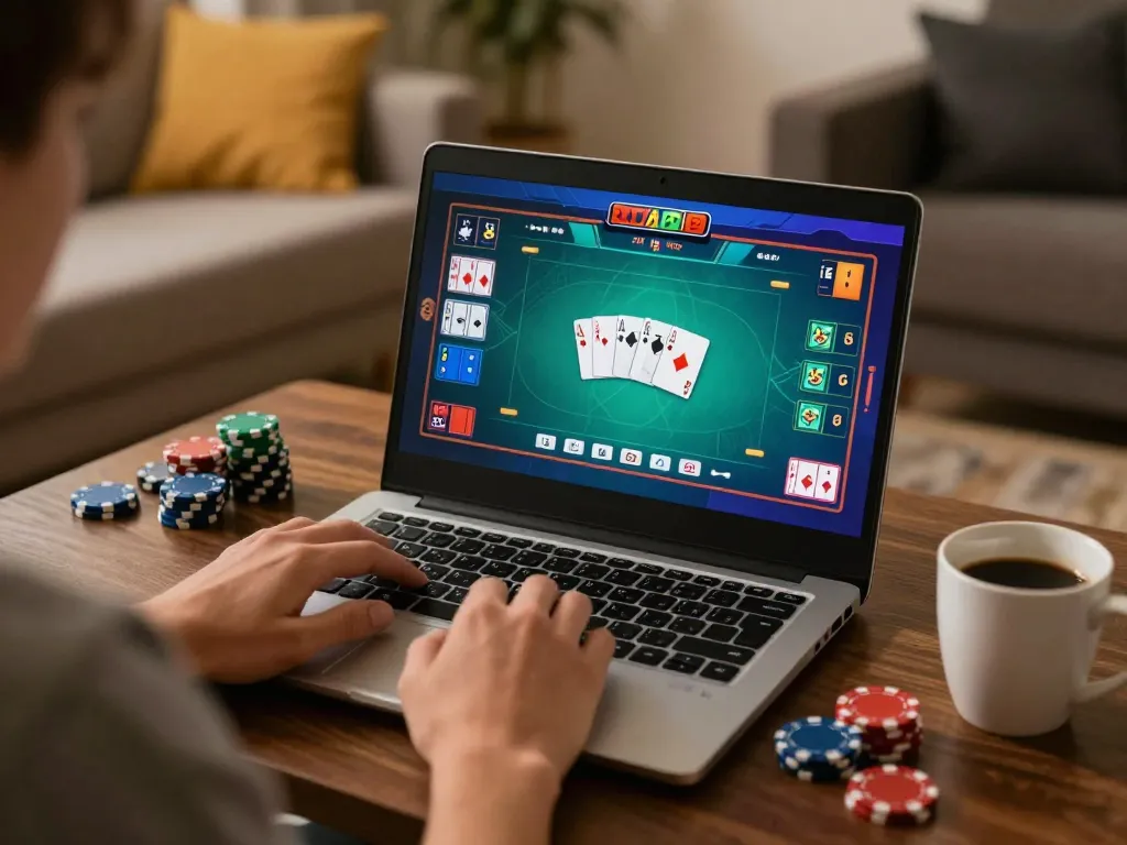 Player enjoying ok365 poker game at home with laptop, showcasing vibrant graphics and strategic gameplay