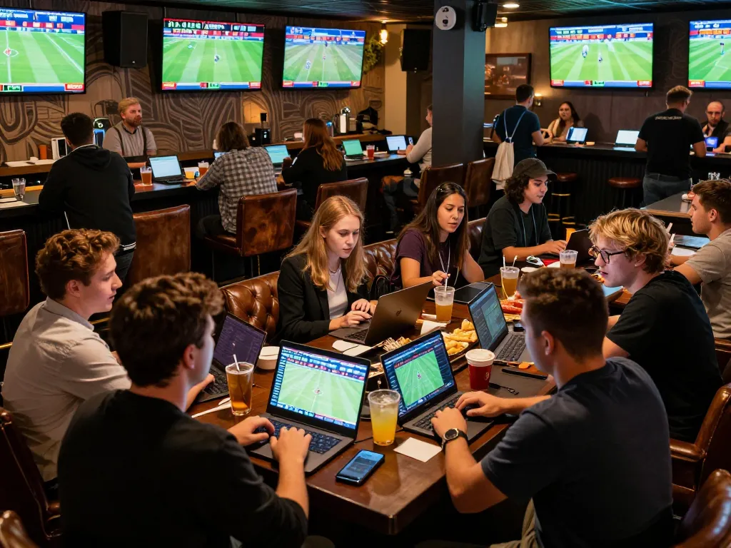 Engaged bettors analyzing odds at a lively sports betting venue, highlighting debet strategies.