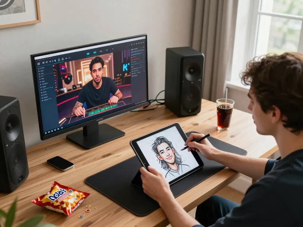 Create a caricature while enjoying online gambling with a cozy home gaming setup.