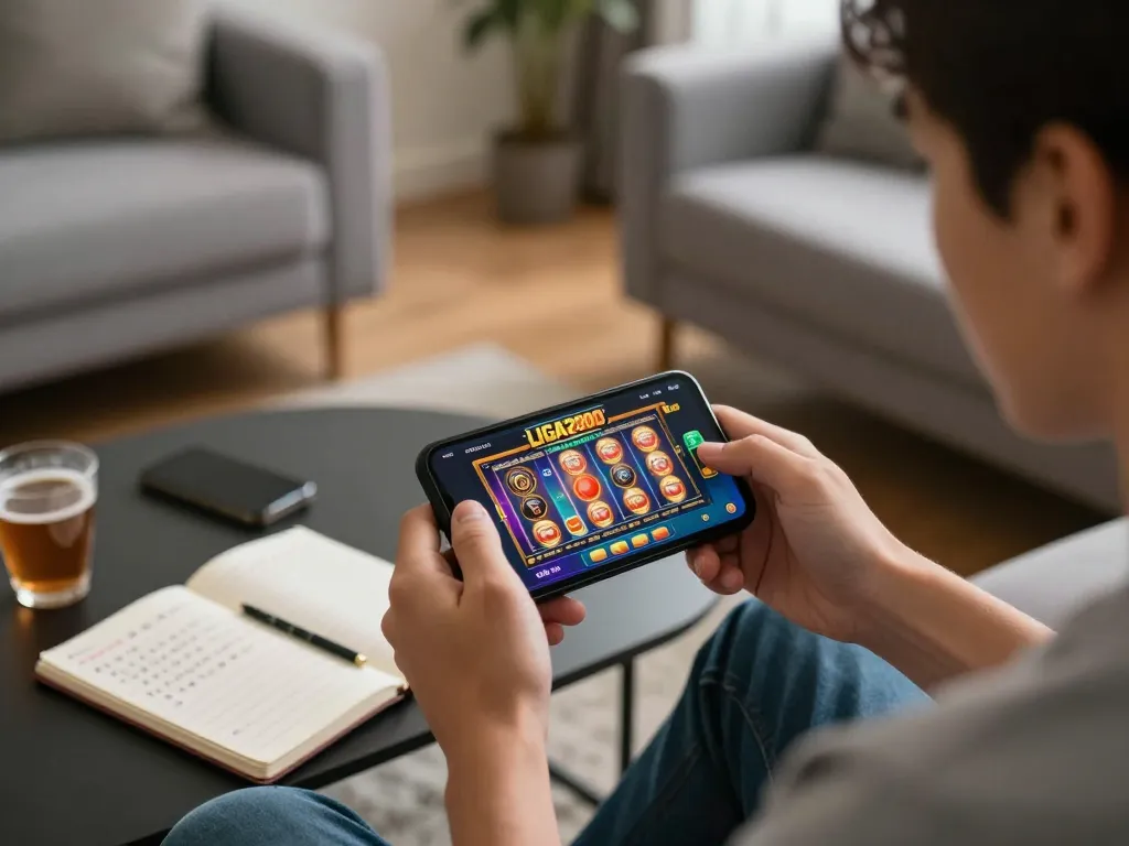 LIGA2000 mobile gaming in a cozy home setting, focusing on strategic play and relaxed atmosphere.