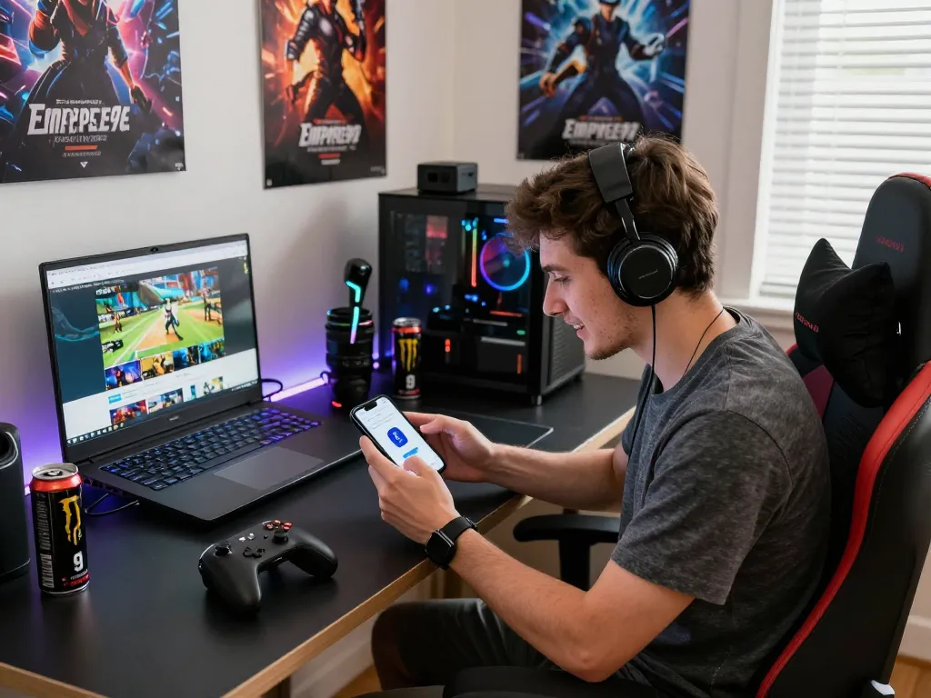 Engaged gamer setting up the Empire99 mobile app in a vibrant gaming setup.