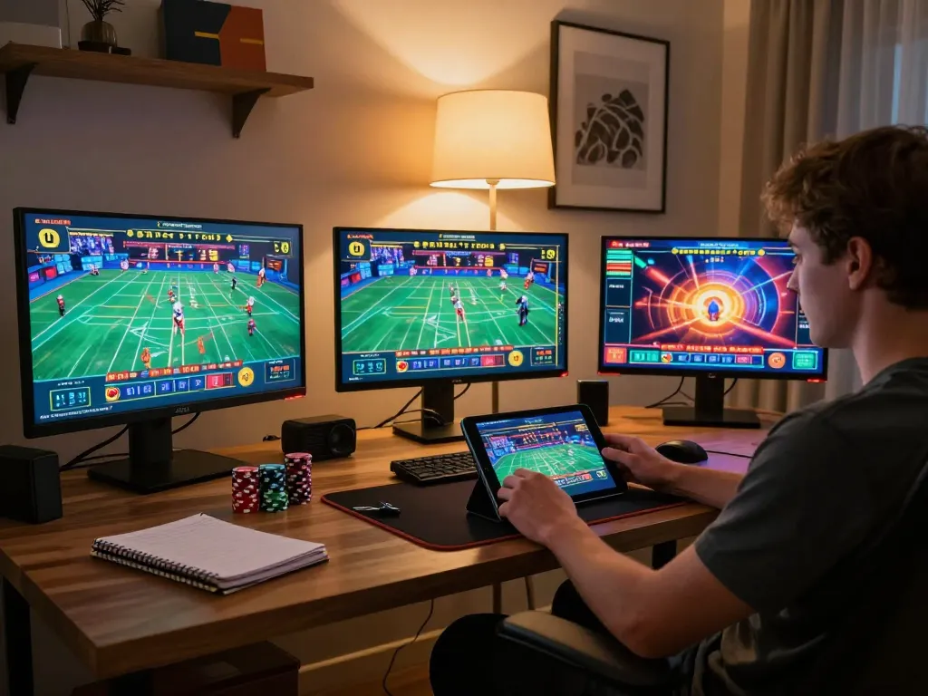 AF88 user placing bets on tablet in a cozy home gaming setup with vibrant screens