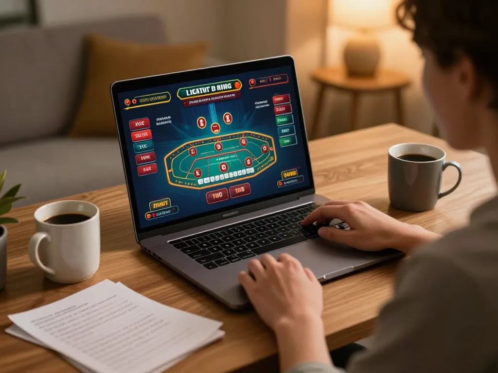 hm88 player engaging in online casino game strategy at a home office desk.