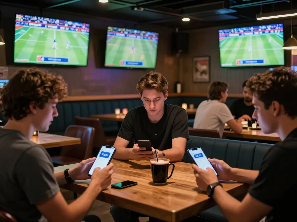 Fans engaging in live sports betting using the 8xbet app at a vibrant sports bar.