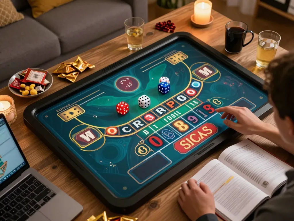 Sicbo Online gameplay displayed on a laptop, featuring animated dice rolling and strategic betting choices.