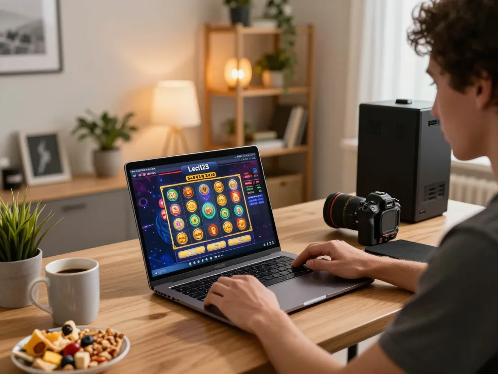 Engaging with the Leci123 platform on a laptop in a cozy home office environment