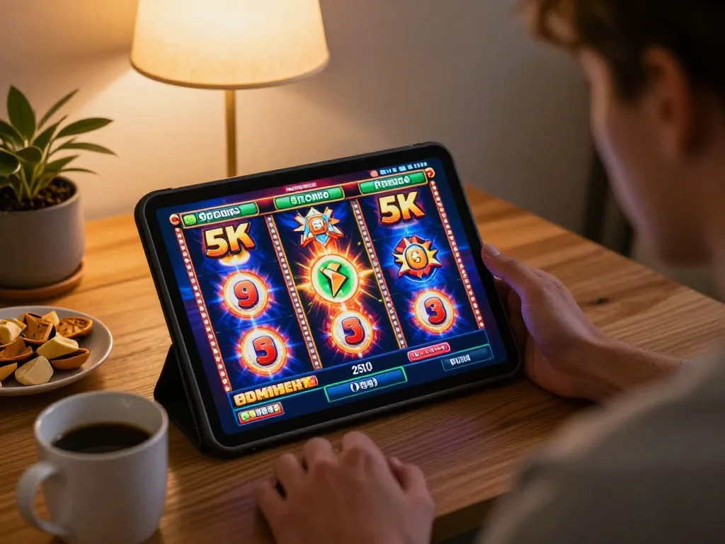 Engaging slot 5k gameplay on a tablet at home, showcasing colorful machines and casual ambiance.