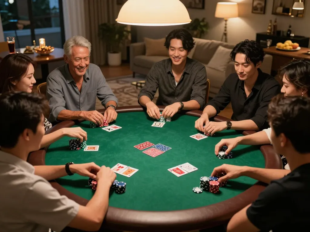 Watch players strategizing at a friendly home poker game with soc88 gaming flair
