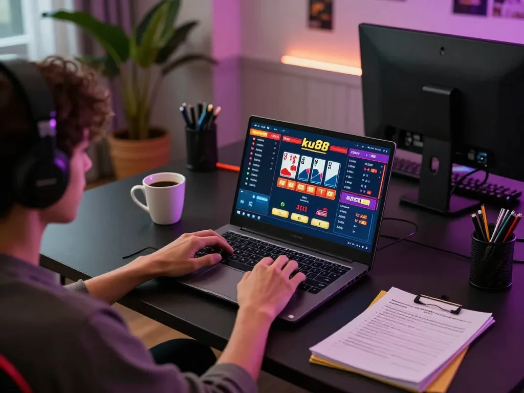 Engaging in thrilling ku88 gaming session on a laptop at home with strategic notes