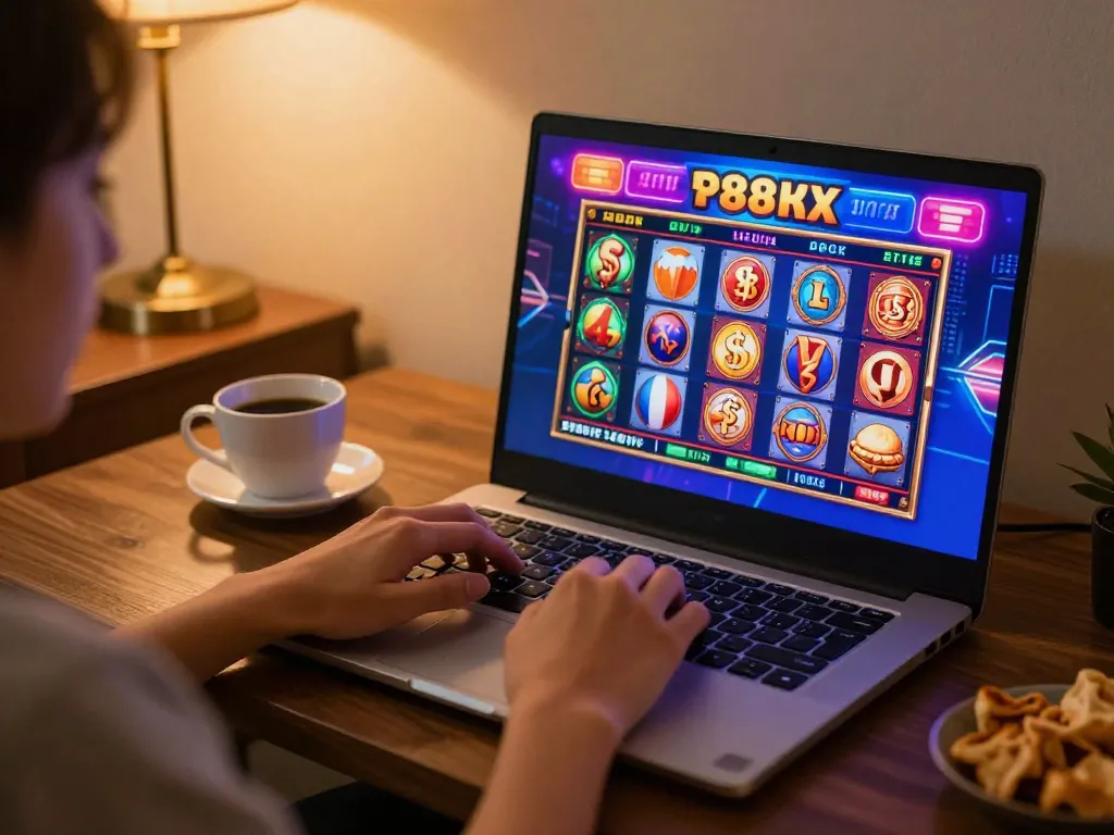 Engaged player enjoying 988slot games on a laptop in a cozy gaming setup