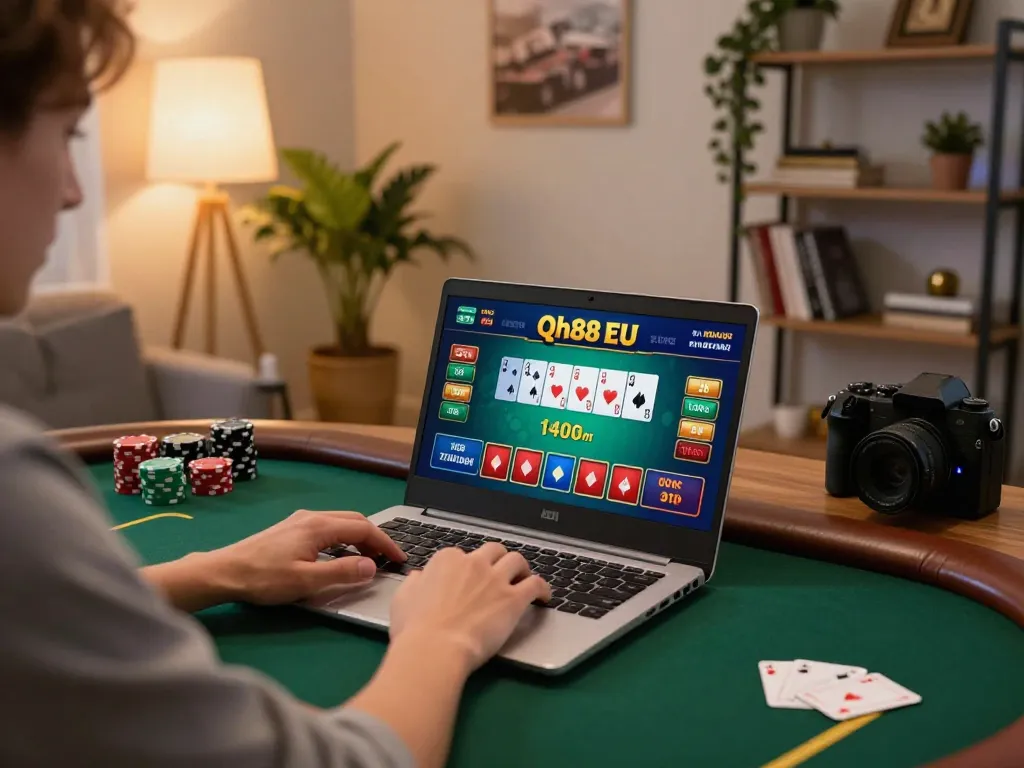 Engaging online poker game screen on Qh88 EU laptop, showing vibrant cards and betting options.