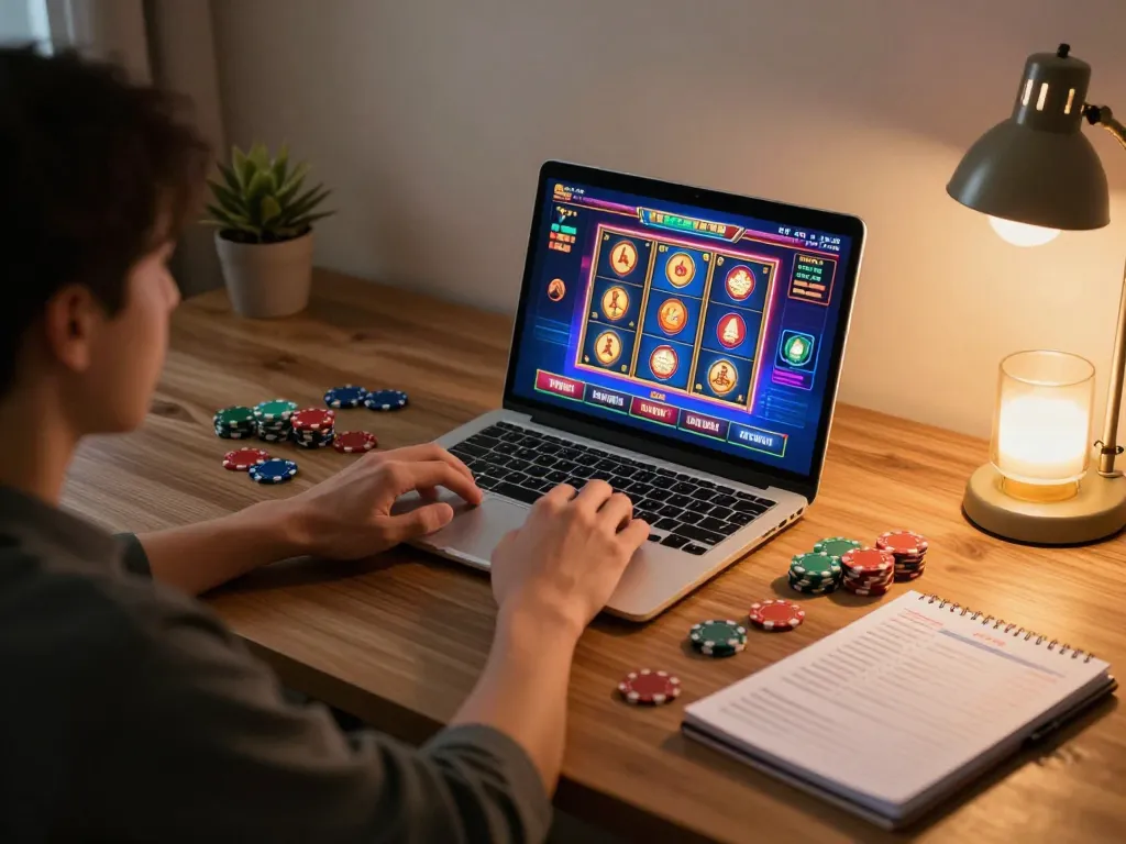 Player enjoying Tr88 Vina online casino with live gaming atmosphere and strategy notes