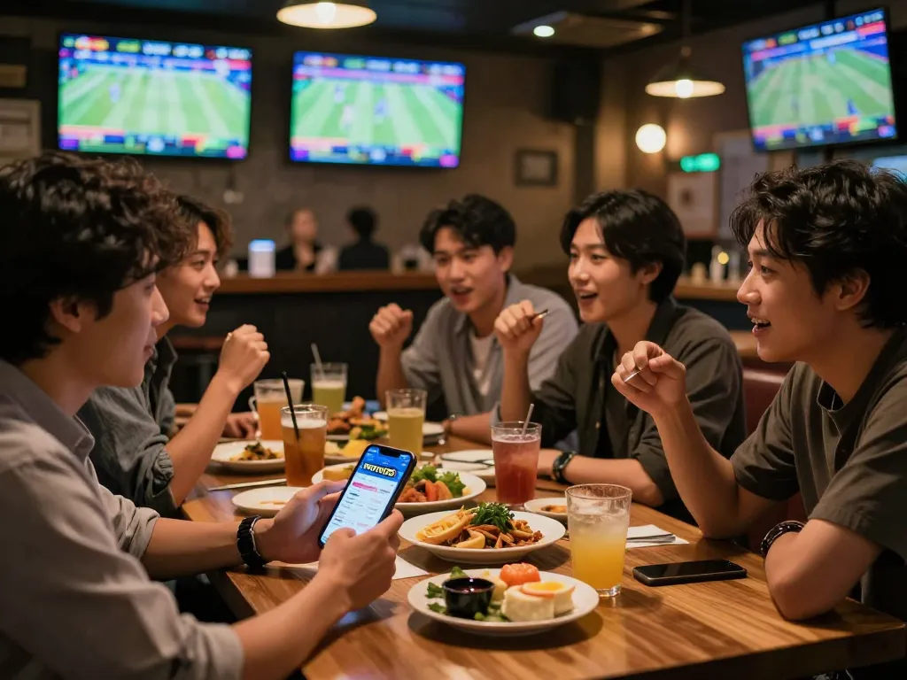 Excitement of betting with ทางเข้า m121 through smartphone at sports bar gathering.