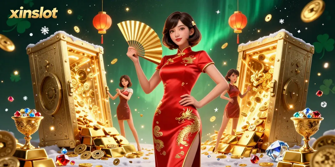 XINSLOT offers an exhilarating experience with vibrant visuals, showcasing a confident player amidst cascading gold coins and lucky symbols.