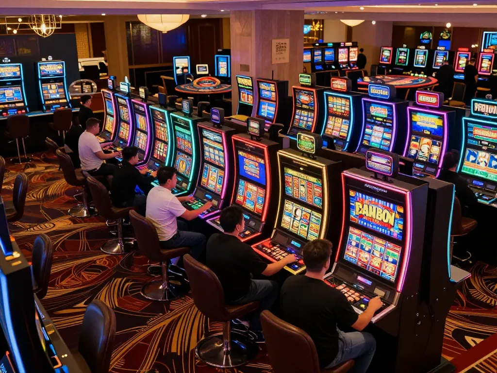 Players engaging with colorful Pragmatic Slot machines in a vibrant casino atmosphere.