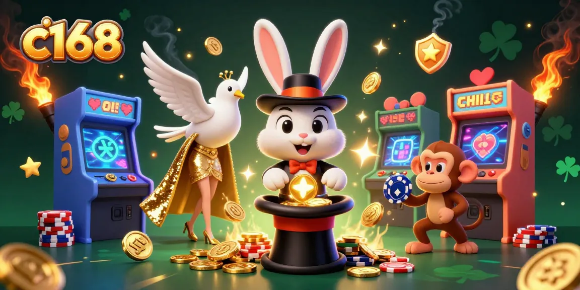 Exciting c168 scene featuring a magician rabbit pulling coins amidst vibrant casino-themed elements.