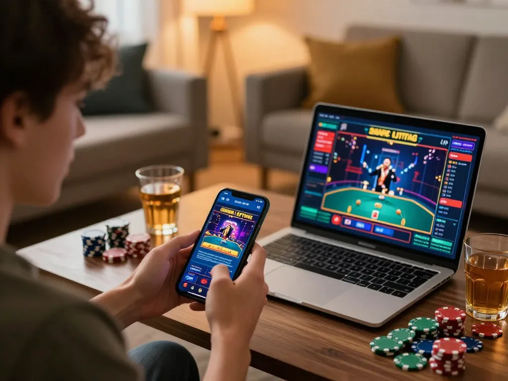 Engaging scene of online gaming showcasing casino utan svensk licens snabba uttag with a mobile app and poker chips.