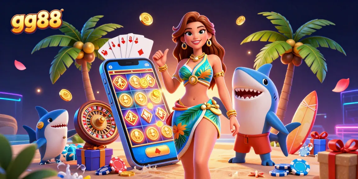 Engage with exciting slots and games at gg88, featuring vibrant 3D characters and casino elements.