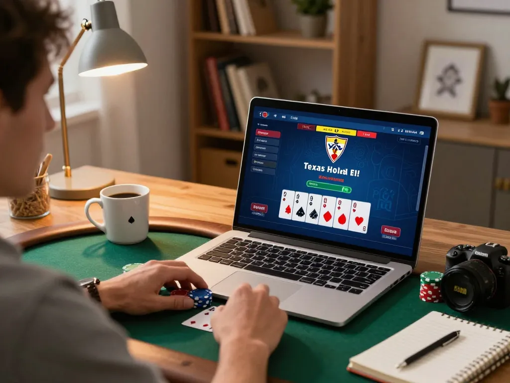 Player enjoying ligasedayu poker game on a laptop with strategic notes in cozy home office.
