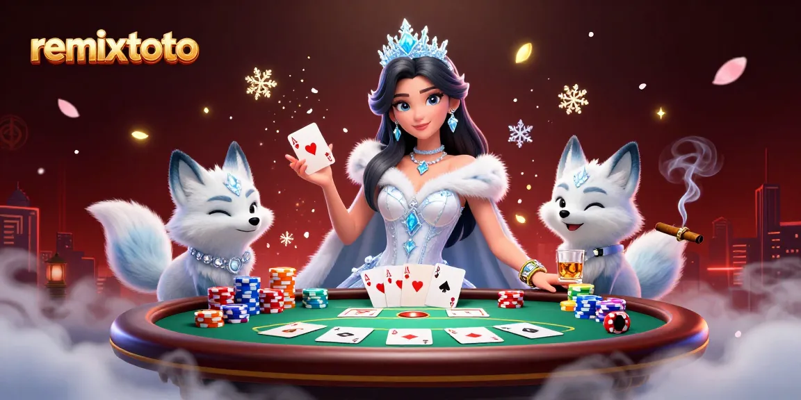 Engage with remixtoto at this vibrant scene showcasing a winter-themed poker game, melding elegance with gaming.