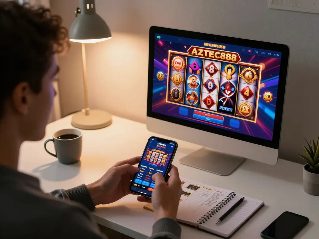 Player enjoying the AZTEC888 mobile casino app with interactive features and warm ambiance