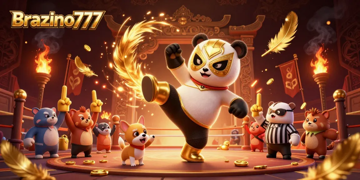 Brazino777 ignites excitement with a vibrant wrestling panda and chihuahua referee in a lively casino scene.