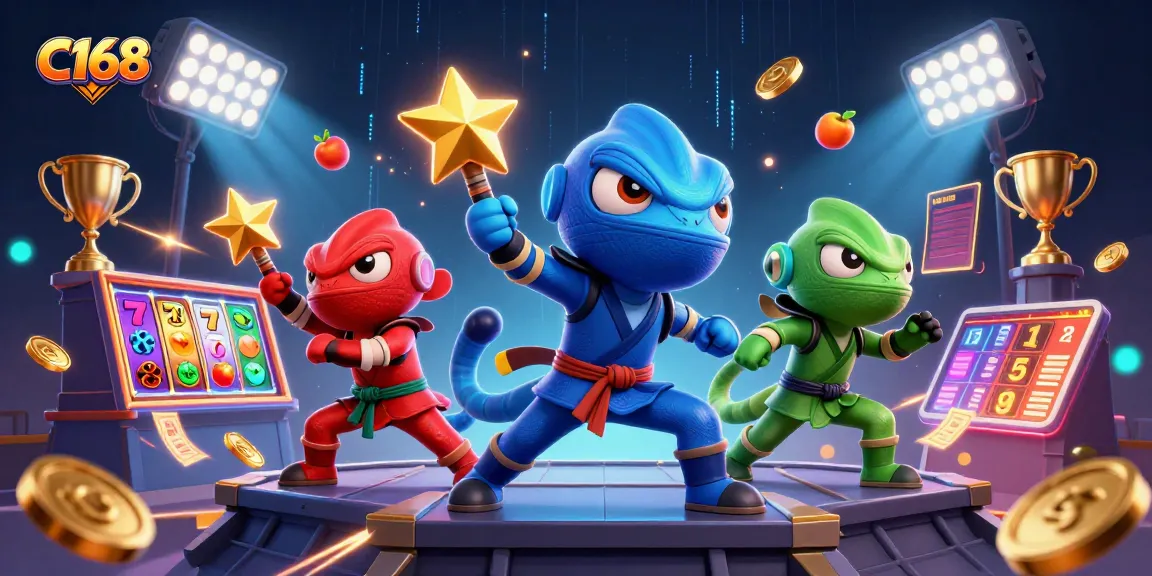 C168 reveals exciting slot games featuring chameleon characters amidst dazzling neon casino elements.