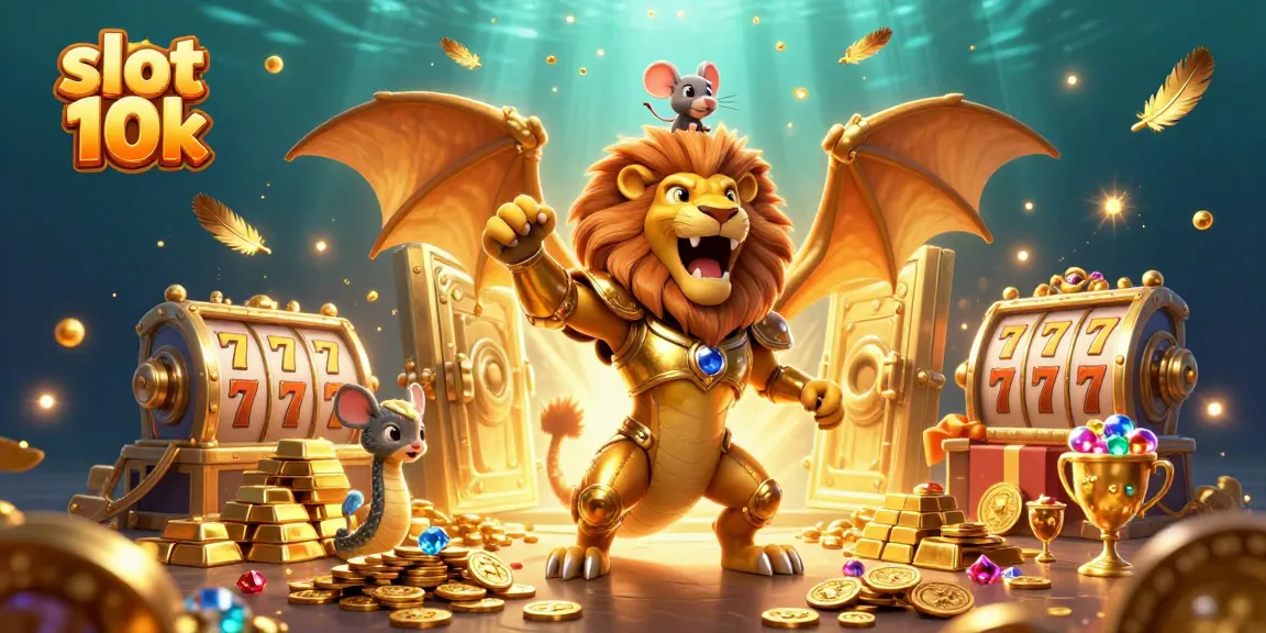 Spin big wins with slot 10k as golden treasures and jackpots surround a victorious chimera.