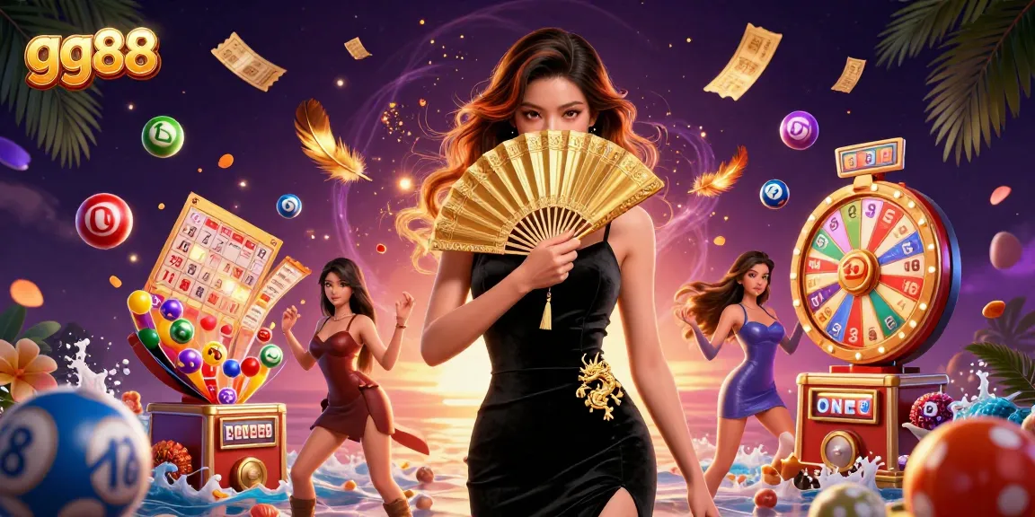 Experience excitement with gg88's vibrant lottery and gaming illustration featuring dynamic prize elements.