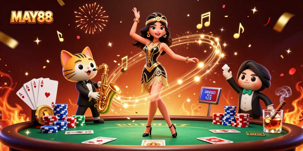 MAY88 players enjoying a lively 3D casino scene with colorful poker elements and a musical celebration.