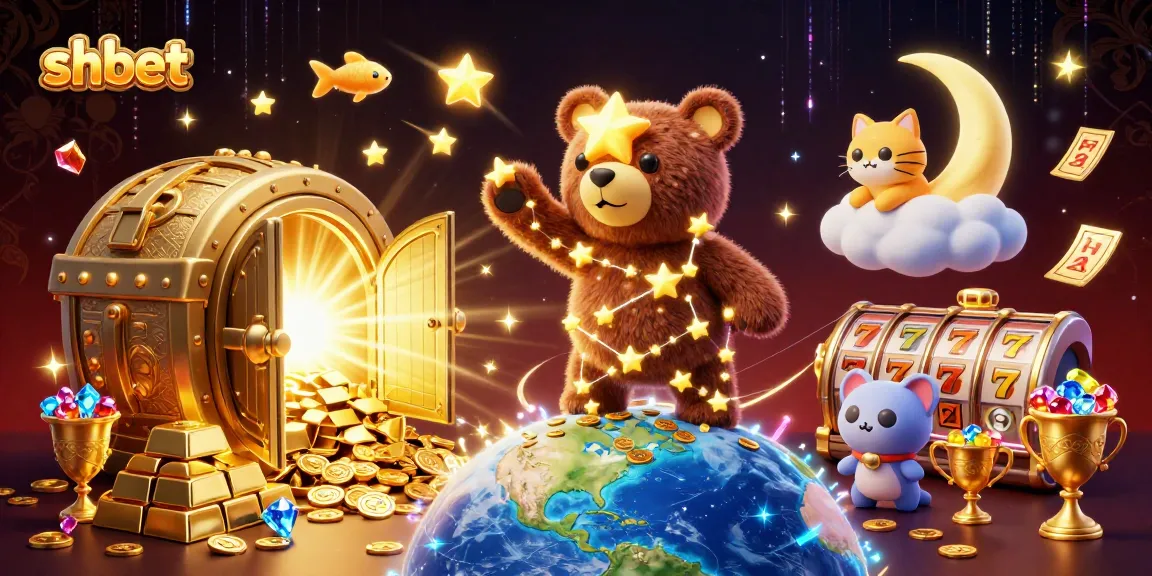 Engage in exciting casino play with shbet, featuring cosmic characters collecting golden coins and jackpots.