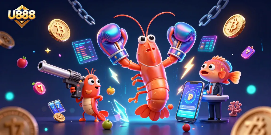 U888 features a dynamic scene with a 3D mantis shrimp and crypto elements for thrilling gaming.