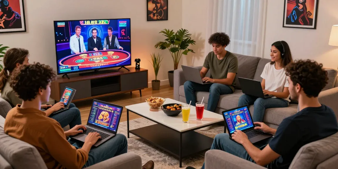 Players engaging with online casino games at https://brcs.co.uk/ in a vibrant living room atmosphere, showcasing modern technology and casual fun.